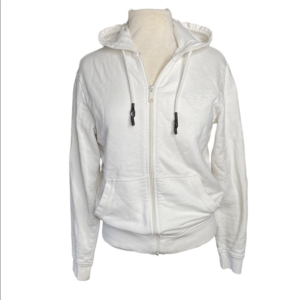 Armani Jeans white hoodie, Small, pouch front pocket full double zip closure